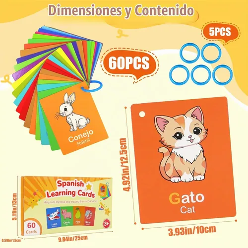 Vista 2 de Tarjetas didácticas en inglés y español para niños, tarjetas flash para bebés de 12 a 18 meses, 60 tarjetas bilingües de doble cara, números