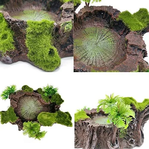 Vista 2 de TIHOOD Decoración de tanque de reptiles de plástico, plataforma de reptil, diseño de tronco de árbol artificial, plato de comida para reptiles