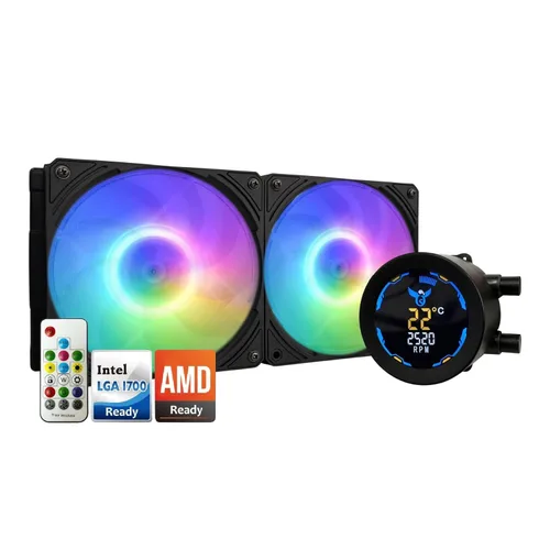 Vista 12 de Dracaena.io Enfriador de CPU AIO de 4.724 in, control remoto ARGB, ventilador PWM ARGB silencioso, bomba de rodamiento hidráulico y radiador