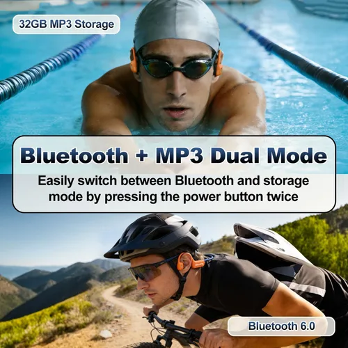 Vista 5 de Auriculares de natación de conducción ósea, auriculares subacuáticos impermeables IP68, Bluetooth 6.0 y MP3 con tarjeta de memoria de 32 GB, Naranja