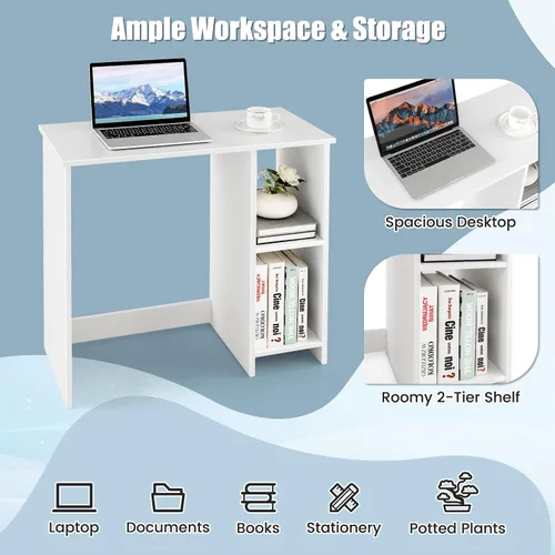 Vista 5 de Escritorio blanco para computadora, escritorio moderno con estantes de almacenamiento, mesa de juegos compacta, escritorios de madera para oficina