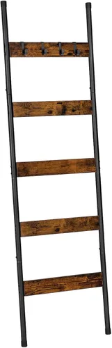 Vista 13 de HOOBRO Escalera para mantas, estante de toallas de 5 niveles con ganchos, estante de mantas inclinado en la pared, estante decorativo