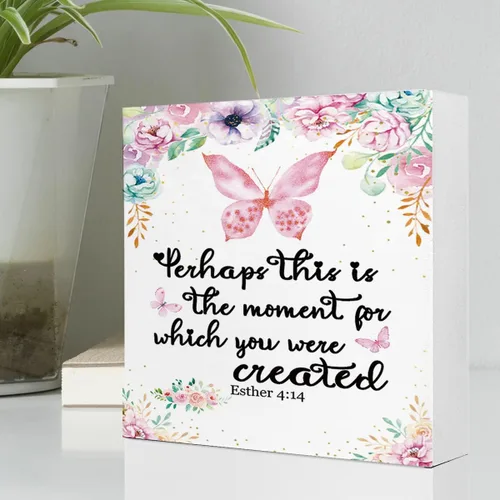 Vista 3 de Letrero de madera con texto en inglés "Quhaps This is The Moment for Which You Were Created de Esther 4:14, decoración de escritorio con versículo