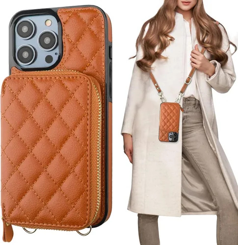 Vista 17 de Bocasal Funda tipo cartera cruzada para iPhone 14 Pro Max, con bloqueo RFID, de piel sintética, con cremallera, funda tipo cartera con función atril