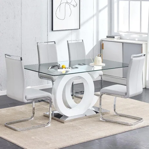 Vista 13 de Juego de mesa de comedor de 63 pulgadas para 4, moderno juego de mesa de comedor de vidrio templado para 4, para el hogar, cocina, sala de estar
