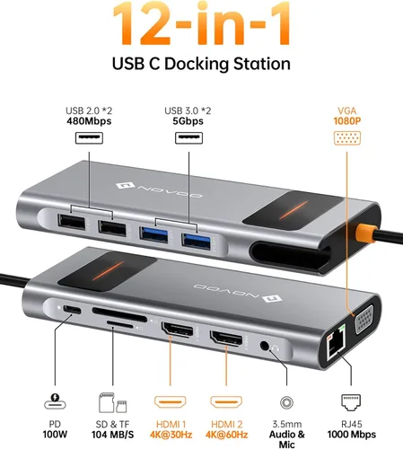 Vista 2 de NOVOO Estación de acoplamiento USB C Monitor dual HDMI para laptop Dell HP Tipo USB C Hub Adaptador multipuerto Thunderbolt 3 Dongle a 2 HDMI 4K Gris