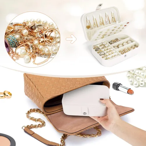 Vista 5 de Mpeyuiltic Joyero de viaje, estuche de joyería portátil de piel sintética pequeño para mujeres y niñas, organizador de joyas de viaje de doble capa