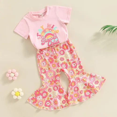 Vista 3 de Eadrioss Ropa para bebé niña pequeña, traje de campana de manga corta, camisa de flores para niños, pantalones florales acampanados, ropa de verano