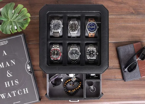 Vista 4 de ROTHWELL Juego de regalo Caja de reloj de cuero con 6 ranuras y funda de viaje a juego para 5 relojes, organizador de exhibición de lujo