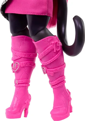 Vista 4 de Muñeca Monster High Catty Noir con gato mascota Amulette y accesorios como mochila, libro de música, micrófono y más