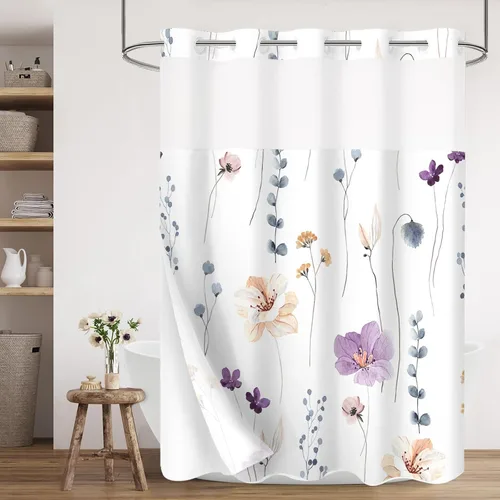 Vista 11 de Gibelle Juego de cortina de ducha pequeña sin gancho con forro de tela a presión, 36 x 74 pulgadas, cortina de ducha de flores azules y beige