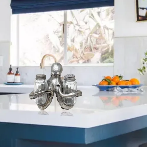 Vista 6 de BestGiftEver Juego de salero y pimentero náutico con soporte de pulpo plateado, decoración temática de playa, para entusiastas de la decoración