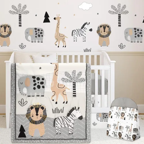 Vista 2 de Juego de ropa de cama de 4 piezas para cuna con animales del bosque, incluye falda de cuna de safari en la jungla, manta, sábana de cuna y apilador