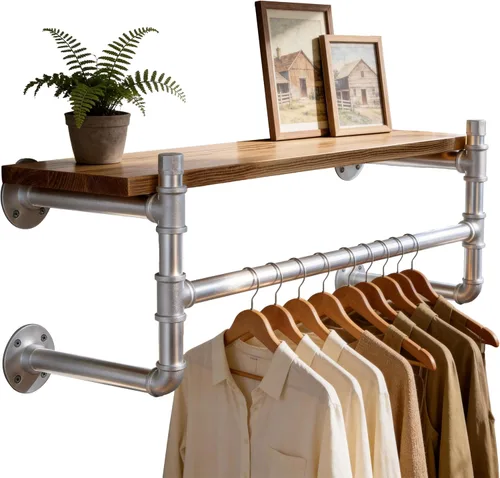 Vista 18 de WEBI Perchero de pared con estante, perchero industrial de 24 pulgadas con estantes, barra de ropa de hierro resistente, barra de ropa de exhibición