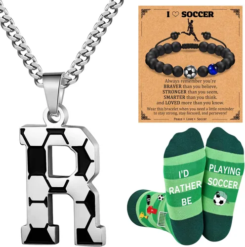 Vista 21 de Soccer Gifts Set A-Z Letter Soccer Necklace for Men Novelty Soccer Socks&Soccer Bracelets for Soccer Lovers