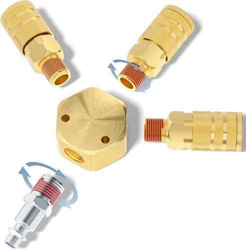 Vista 5 de TAISHER 2Pcs 3-Way 1/4 Inch NPT Hex Style Air Manifold with 3 Pieces Brass Industrial Coupler and Plug, Air Compressor Hose Accessories Quick