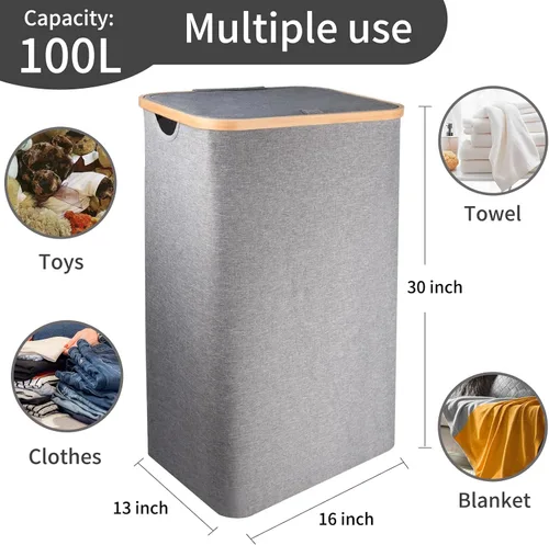 Vista 5 de Cesta de lavandería de 100 litros con tapa, cesta para la ropa sucia con asas de bambú y bolsa interior extraíble, cestas de ropa para lavandería