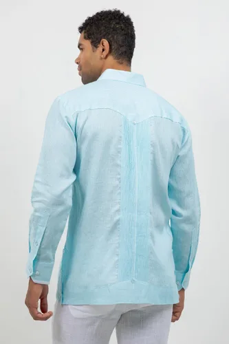 Vista 9 de Mojito - Guayabera de manga larga para hombre, 100% lino, panel de contraste y pliegues tonales Agua