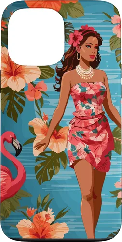 Vista 24 de iPhone 12 Pro Max Vintage Tiki Design - Funda hawaiana retro de flores hula y flamencos