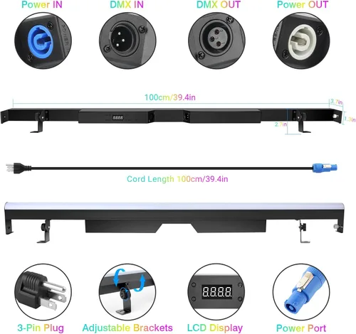 Vista 6 de Barra de luz LED para escenario, paquete de 2: mezcla de colores RGB de 60 W, control DMX y RDM, 67 programas de persecución y 37 colores estáticos