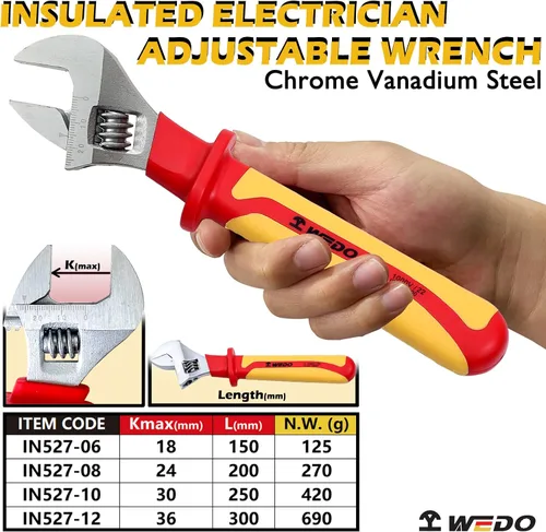 Vista 2 de WEDO Llave ajustable aislada de 6 pulgadas, llave de inyección ajustable VDE 1000V, llave de seguridad para electricistas, acero al cromo vanadio