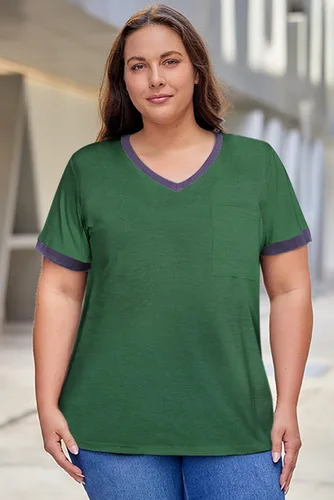 Vista 86 de Eytino Blusas de talla grande para mujer, cuello en V, manga corta, a rayas, casual, holgada, con bolsillo (1X-5X)