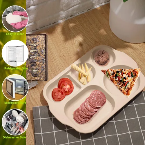 Vista 4 de Tanlade - 8 platos divididos irrompibles grandes de 12 pulgadas para adultos, bandeja de comida de paja de trigo de 5 compartimentos, bandeja