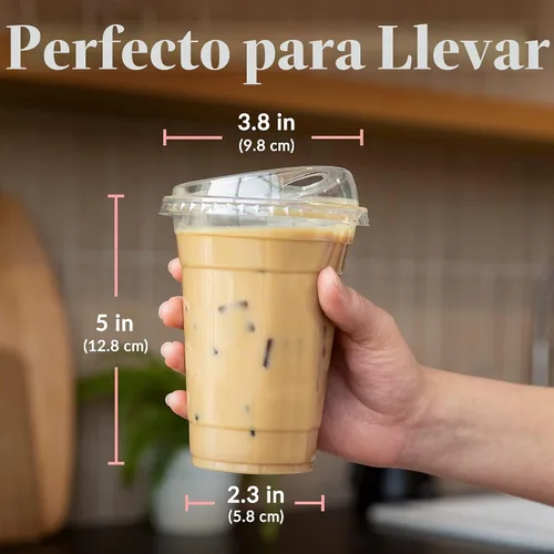 Vista 3 de Prestee 100 tazas de café helado desechables transparentes con tapas, 16 onzas, vasos de plástico con tapas sin pajilla, taza duradera