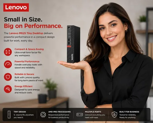 Vista 9 de Lenovo ThinkCentre Mini Desktop PC with AMD Processor & Graphics, 8GB DDR4 RAM, 1TB SSD, Windows 11, Wi-Fi, Bluetooth, 2X DisplayPort, RJ-45 Port