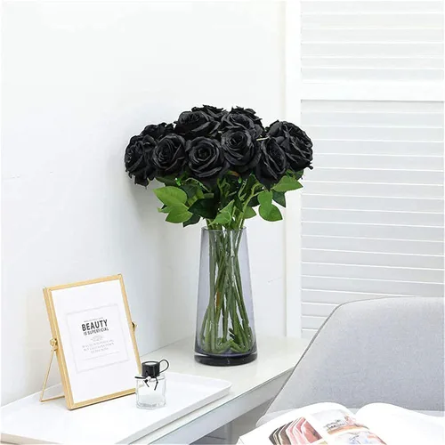 Vista 4 de 50 flores artificiales de rosas negras, ramo de rosas falsas de terciopelo