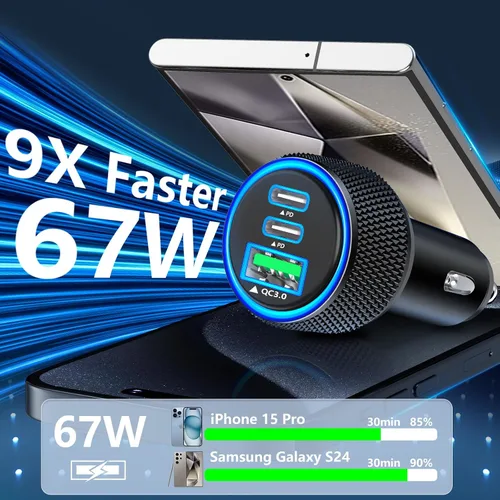 Vista 4 de Apple MFi Certified iPhone 17 Car Charger, 67W Multiport USB-C Car Charger