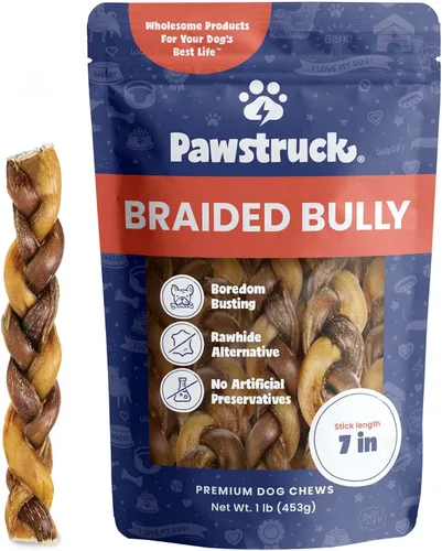 Vista 18 de Pawstruck Bully Sticks trenzados 100% naturales de 5 pulgadas, bolsa de 1 libra, masticables para perros de un solo ingrediente sin cuero crudo
