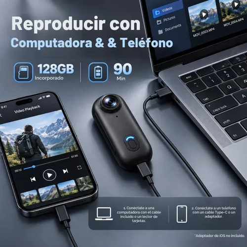 Vista 4 de Mini cámara corporal 4K de 128 GB, cámara de acción magnética del tamaño del pulgar con grabación de video y audio, manos libres, impermeable Negro