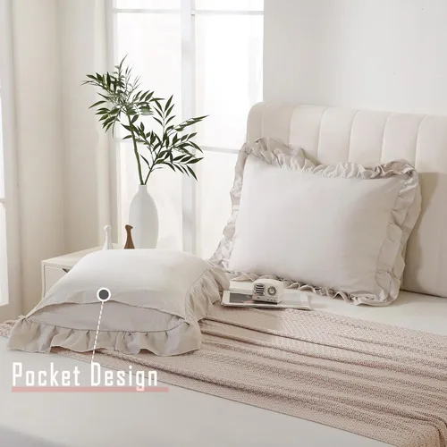 Vista 8 de Bedbay Juego de 2 fundas de almohada beige tamaño Queen, fundas de almohada con volantes, fundas de almohada Shabby Chic tamaño estándar, fundas