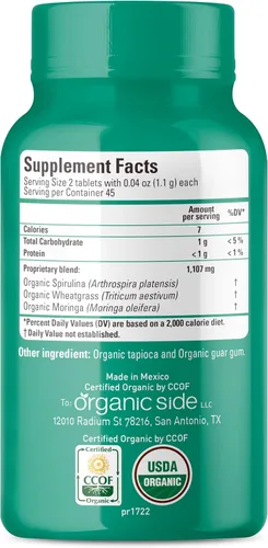 Vista 3 de OS Organic Side - Verdes orgánicos (espirulina, pasto de trigo y moringa) 90 tabletas - Rico en vitaminas y minerales - Super Greens 1100 mg