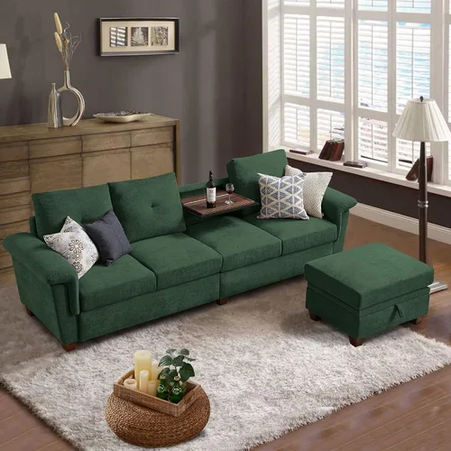Vista 9 de Sofá Seccional Convertible, Sofá en Forma de L de 4 Asientos con Almacenamiento, Respaldo Alto y Portavasos, Sofás Modernos de Tela de Microfibra