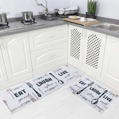 Vista 13 de Carvapet Juego de 2 alfombras de cocina con respaldo antideslizante, tapete para cocina, corredor de entrada, diseño de lema, negruzco/gris oscuro