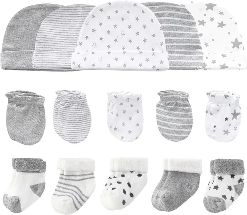 Vista 14 de Ruliby Conjunto de Gorros, Manoplas y Calcetines para Bebé de Algodón, Gorro Beanie Suave para Recién Nacidos, Gorros Guantes para Niñas y Niños 0-6