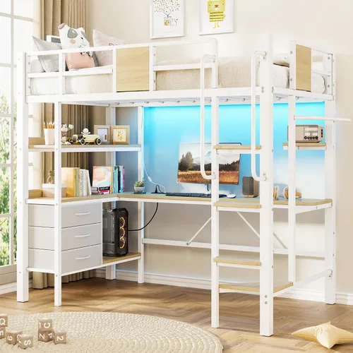 Vista 10 de Garvee Twin Size Loft Bed, Heavy Duty Metal Frame with Arched Guardrail, Flat Ladder Rung, and Steel Slat Support, No Box Spring Required, Space