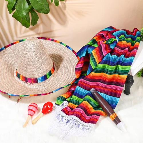 Vista 4 de El juego de disfraz de fiesta mexicana incluye sombrero de poncho de serape mexicano con bigote falso accesorio de palito de maracas coloridas