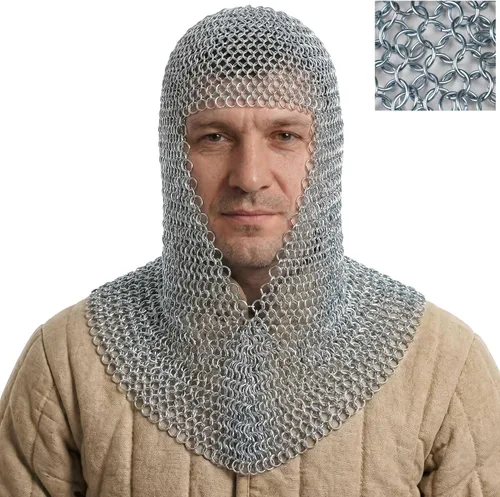 Vista 11 de Coif de malla medieval caballero renacentista armadura de malla capucha vikinga LARP 16 calibre Negro