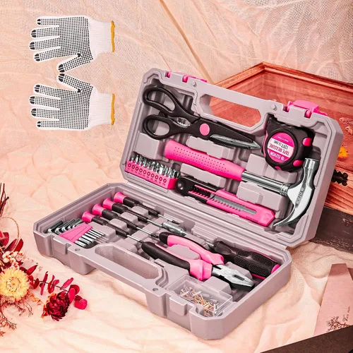 Vista 2 de Elevon Juego de herramientas rosa de 131 piezas, juego de herramientas de uso automático con caja de herramientas de almacenamiento, herramienta