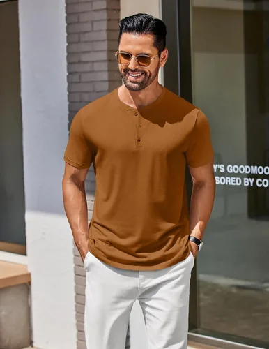 Vista 2 de COOFANDY Camisetas Henley de algodón de manga corta para hombre, estilo casual, con botones, camiseta básica Henley