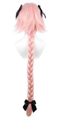 Vista 4 de Peluca larga de cosplay rosa con 3 lazos de Halloween para mujer, cabello trenzado de 37.4in