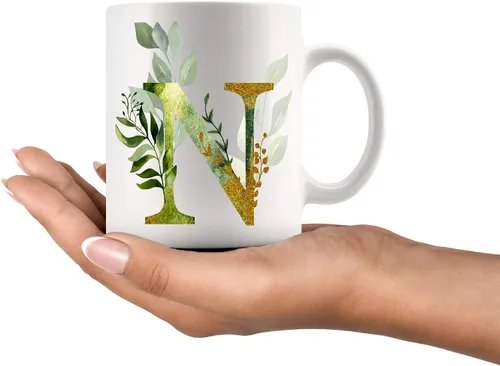 Vista 2 de Taza de café Alpha/N con letra gráfica N – Letra alfabeto monograma N – oro brillante cualquier letra floral alfabeto té café caliente taza