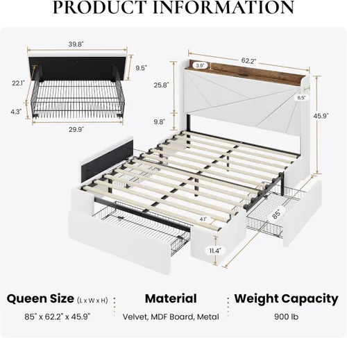 Vista 2 de SHA CERLIN Base de cama Queen con 3 cajones, puertos de carga USB y Type-C, cama de plataforma tapizada de terciopelo con cabecera de almacenamiento