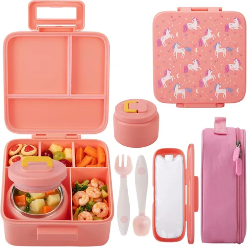 Vista 12 de MAISON HUIS Lonchera Bento con termo de sopa de 8 onzas y bolsa de almuerzo aislada, recipientes de comida a prueba de fugas para niños con 5