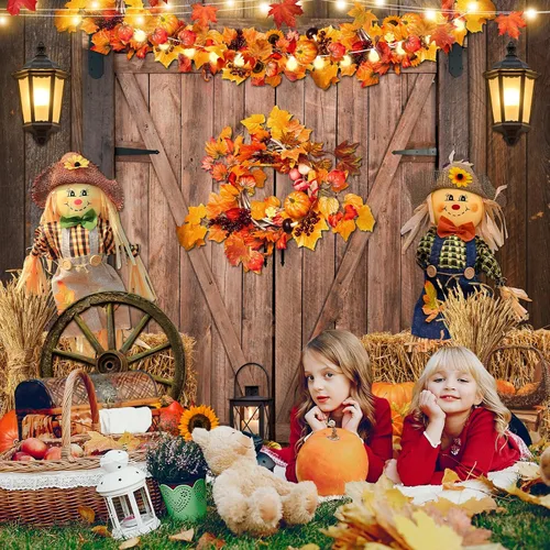 Vista 2 de Avezano Fondo de Acción de Gracias, hojas de arce, calabaza, puerta de granero, fotografía, pajar, espantapájaros, decoración de fiesta de baby