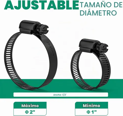 Vista 2 de OURU - Juego de 10 abrazaderas de manguera negras de 1"–2", abrazaderas de manguera pequeñas ajustables de 27–51mm de acero inoxidable, abrazaderas