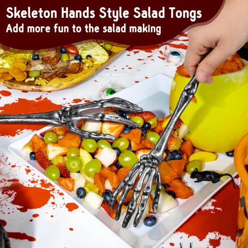 Vista 3 de Luxshiny Juego de pinzas de ensalada de garra de esqueleto, 2 utensilios de cocina plateados de Halloween para fiestas espeluznantes y decoraciones